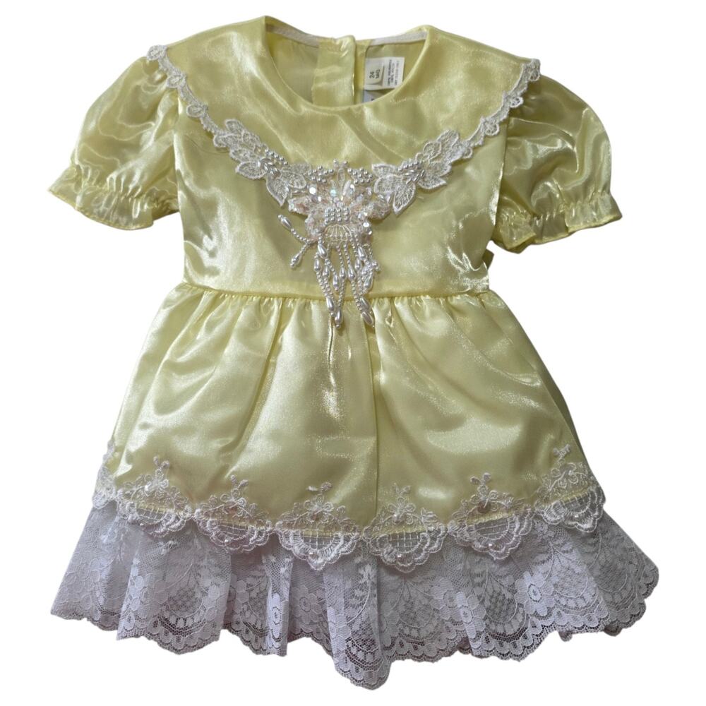 Vintage Golden Age 24M Yellow Satin Lace Party Dress Toddler Easter Flower Girl
